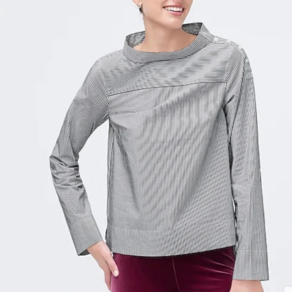 J. Crew 100% Cotton Navy Blue & White Striped Funnel Button Neck Top 6 Women’s - Picture 11 of 11